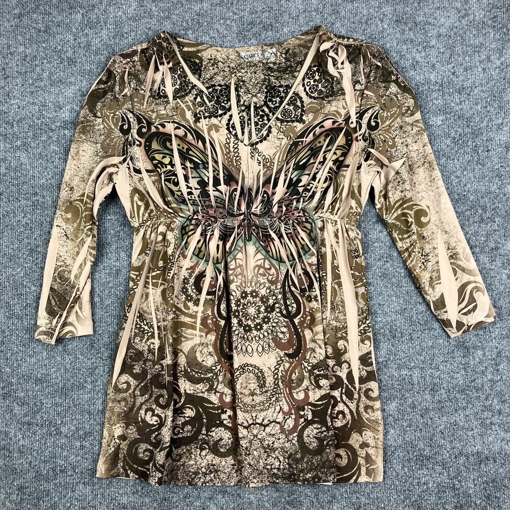 Women's Dress Size M Beige Brown Boho Butterfly Graphic‎ 3/4 Sleeve Tunic Top
